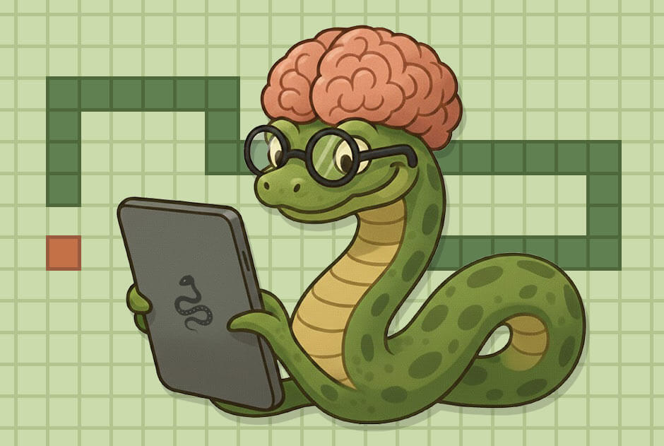 Cartoon snake with glasses and brain playing on a tablet